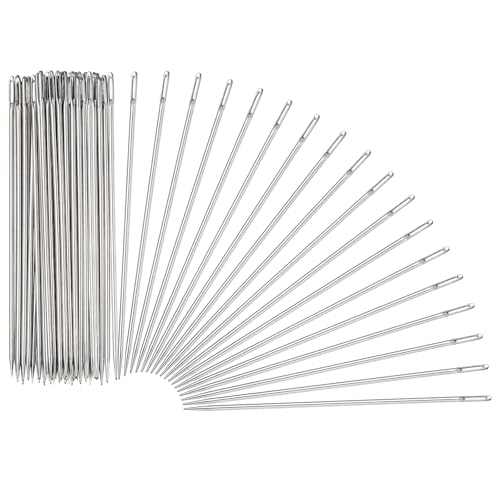 HARFINGTON 100 Pcs Sewing Needles 0.07 x 4 Inch Stainless Steel Big Eye Embroidery Thread Beading Leather Needle Upholstery Hand Sewing Awl for Art Craft Stitching Home Repair, Silver - size: 0.07 x 4 Inch