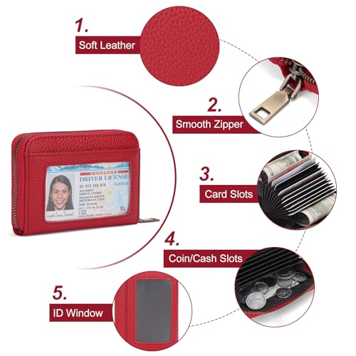 SENDEFN Leather Wallet Women RFID Blocking Small Compact Wallets Credit Card Holder with ID Window - color: A-Red