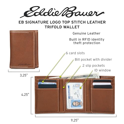 Eddie Bauer Men Signature Trifold Wallet - color: Top Stitch Leather - Tan