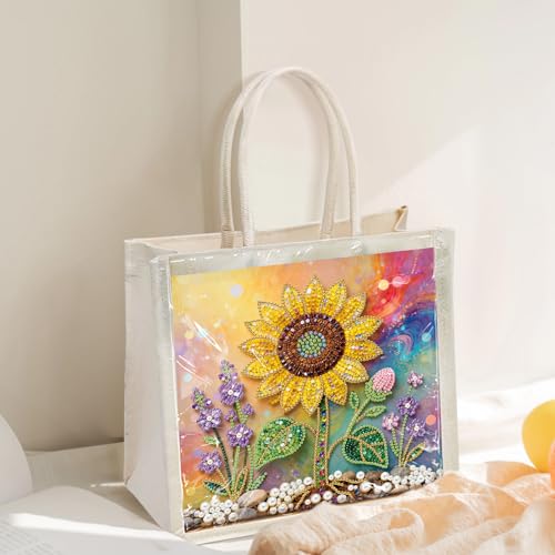 Xylzzuit DIY Pearl Painting Canvas Tote Bag Kit 11.42IN Diamond Art Handbag for Women Shopping Grocery Bag Dots Beads Art Craft Gift (Sunflower) - color: Sunflower