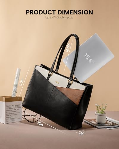 LOVEVOOK Laptop Tote Bag for Women,Leather Work Computer Briefcase Bag - color: Black and White and Brown, size: 15.6 inch