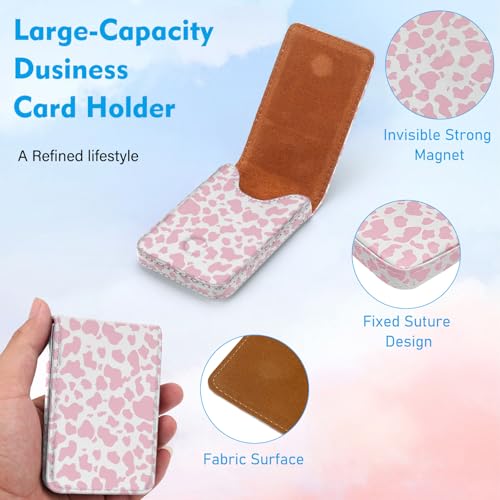 Business Card Holder, PU Leather Printing Business Card Case Pocket with Magnetic Shut, Portable Business Card Carrier Holder for Women or Men (Cow-Pink) - color: Cow-Pink