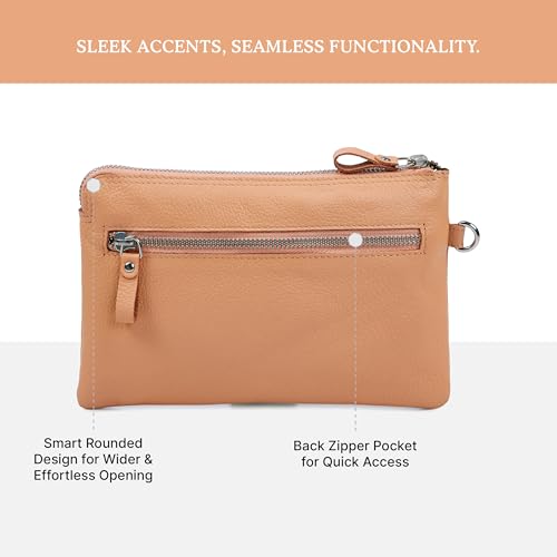 Leather Wristlet Wallet for Women Clutch Handbag Purse with Cell Phone Slot | Genuine Top Grain Leather, 8 Credit Card Slots, Detachable Strap, YKK Zipper, Gifts for Women - color: Peach Nappa