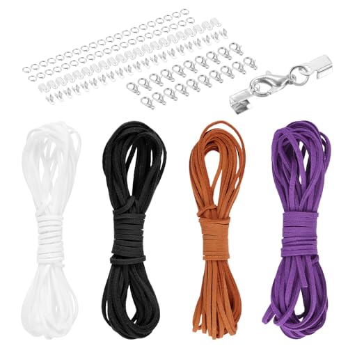 MECCANIXITY 4 Pcs Suede Cord, 5.5 Yards Flat Faux Leather Cord Soft Durable Leather String with Silver Closed-Mouth Ring Rope Clip Lobster Clasps for Art Craft, Black/Violet/Orange Red/White - color: Black/Violet/Orange Red/White