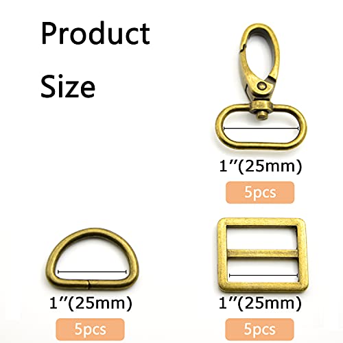 15Pcs Metal Swivel Snaps Hooks with D Rings and Tri-Glides Slide Buckles for Key Lanyard Purse Bag Straps Dog Collars DIY Sewing Hardware Craft (1 inch, Bronze) - color: Bronze, size: 1 inch