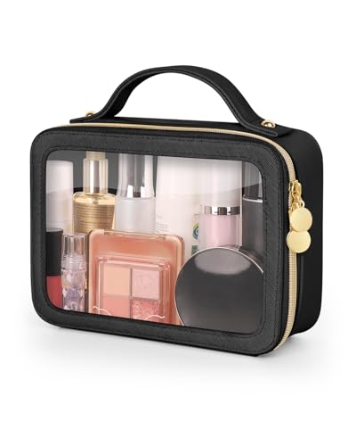 Soimeat Clear Makeup Bag, Portable Travel Cosmetic Bags, Multipurpose Leather Toiletry Bag with Zipper, Waterproof Transparent Cosmetic Organizer for Women, Medium, Black - color: Black, size: Medium