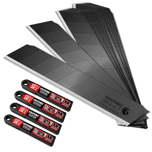 HAUTMEC 40PCS 18mm Triple Cutting-edge Snap Off Blades, Retractable Black Replacement Blades, SK2 Heavy Duty Utility Knife Blades, Strengthened Safety Box, for Box, Carpet, Rope HT0083-40PC - style: 40PCS