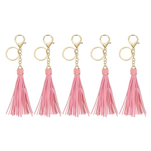 uxcell Leather Keychain Tassels, Women Tassel Bag Charm with Lobster Clasp Key Ring for Handbag Purse - color: Pink