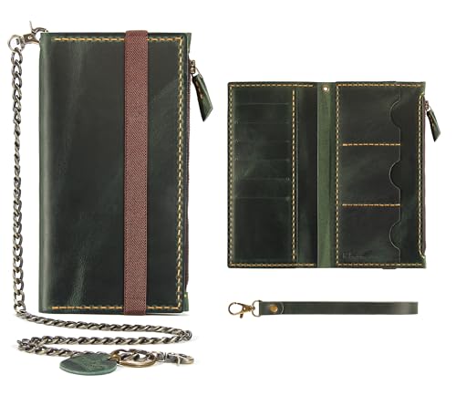 Robrasim Leather Wallet for Men and Women, Handmade Detachable Chain Wristlet Long Bifold Clutch with Large Capacity Zipper Coin Pocket (Green, 7.87"x4.17") - color: Green