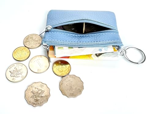 Women's Leather Small Coin Purse with Keychain, Mini Card Holder Case (Light Blue) - color: Light Blue