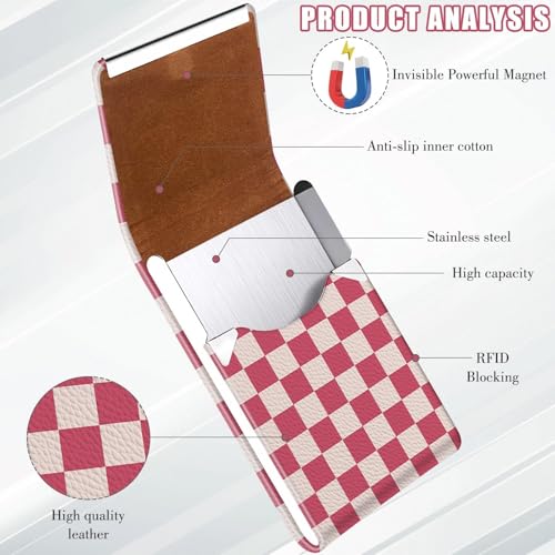 2Pack Leather Stainless Steel Business Card Holder, Metal Slim Business Card Case for Women or Men, Pocket Business Card Carrier with Prints, Magnetic Closure, RFID Blocking - color: Plaid-Pink