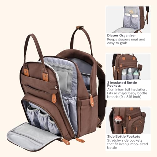 BabbleRoo Diaper Bag Backpack - Baby Essentials Travel Tote - Multi Function Water Resistant Diaper Bag, Travel Essentials Baby Bag with Changing Pad, Stroller Straps & Pacifier Case - Unisex, Brown - color: Coffee, size: Large