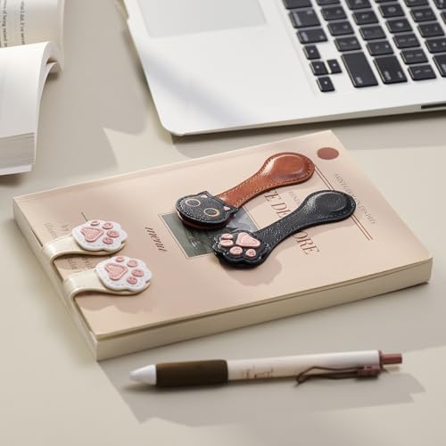 Ovesmusl 2Pcs PU Leather Cat+Paw Magnetic Bookmarks with Pen Holder | Brown and black set with double-sided magnets, gift box included, for books, notebooks, magazines, readers and teachers - style: Cat+Paw (Brown+Black)