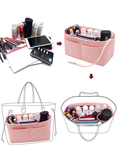LEXSION Felt Purse Organizer Insert Zipper Pocket with Two Removeable Bottle Holder - color: Pink, size: X-Large