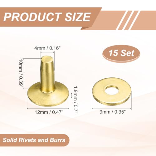 HARFINGTON 15Set Brass Rivets and Burrs Washers 12x4x10mm Dimpled Finish Solid Leather Rivet Fastener Studs Posts for Leather DIY Craft Belts Wallets Collars, Gold Yellow - color: Gold Yellow, size: 12x4x10mm