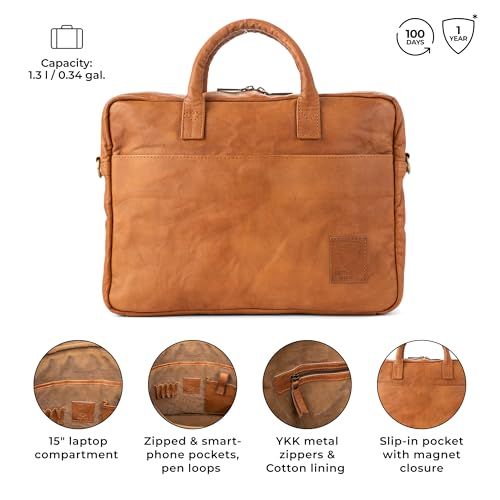 BERLINER BAGS Genuine Leather Laptop Bag For Men Madrid - Brown | Leather Briefcase For Men, 15" Laptop Slot, Trolley Sleeve, Phone Pocket, Pen Loops, Magnetic Pocket, For Work & Travel