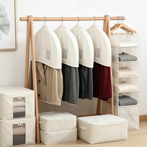 Cotton Shoulder Garment Bags with 2" Gusset, Breathable Clothes Dust Covers with Clear PVC Pocket, Reusable Washable Protectors for Suit, Coat, Dress, Closet Storage & Travel (4 Pake)