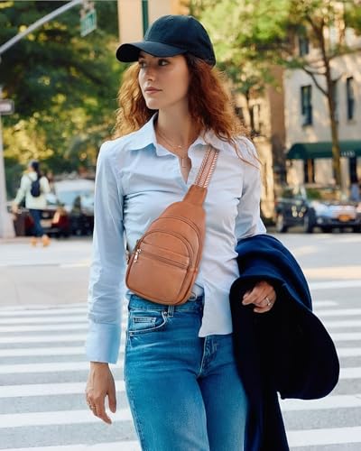 CHOLISS Anti Theft Small Sling Bag for Women and Men RFID Leather Crossbody Bags Fanny Pack Chest Bag Travel Purse Daypacks - color: Camel Brown