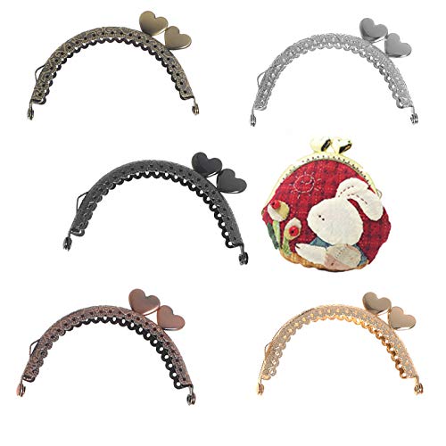 5 Pieces Metal Coin Purse Frames Classic Semicircular Antique Lace Embossed Heart Shape Head Kiss Clasp Lock for DIY Craft Making Clutch Bag Handle Handbag Wallet Sewing Hardware Accessories