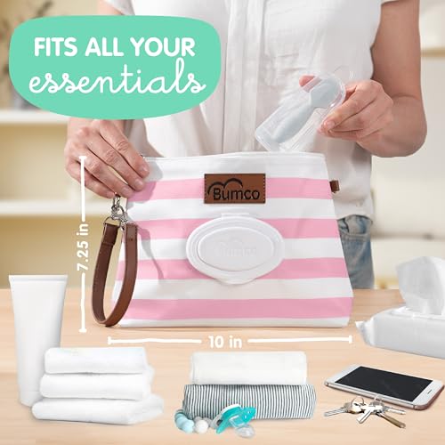 Bumco Portable Diaper Clutch Bag with Built-In Baby Wipes Dispenser (Pink) | Airtight refillable wet wipes dispenser container. Portable travel pouch holder for quick baby cleanups on the go. - color: Pink
