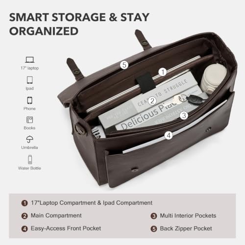 RAINSMORE Messenger Bag for Men 17 Inch Vintage PU Laptop Briefcase, Coffee | Large Capacity Work Bag with Magnetic Flap, Water-Resistant PU Leather, 3-Way Carry for Office, Business Travel & College - color: Coffee