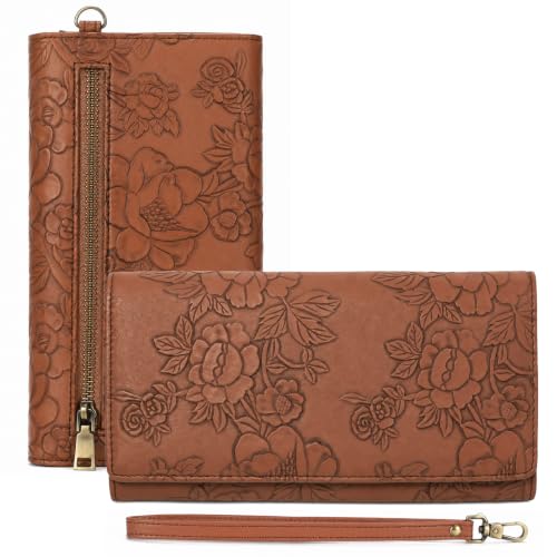 GAEKEAO Wallets for Women Vegan Leather RFID Blocking Card Holder Trifold Ladies Long Purse Wristlet Clutch with 3 ID Windows - color: Brown