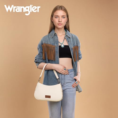 Wrangler Shoulder Bag for Women Western Small Purse Hobo Handbag | Aztec, Underarm Bag, 2 Detachable Straps, Secure Zipper Closure, Back Pocket, Crossbody Bag for dates, travel and everyday - color: Beige