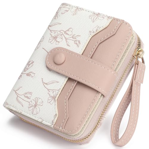 GAEKEAO Womens Wallet Slim Thin RFID Blocking Floral Leather Card Holder Bifold Long Ladies Wallet with Zipper Pocket - color: B01-Pink & White
