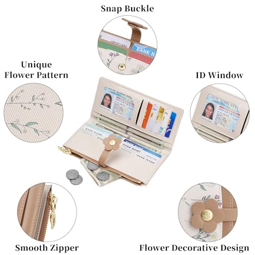 GAEKEAO Womens Wallet Slim Thin RFID Blocking Bifold Floral Vegan Leather Card Holder Large Capacity Wallet with Zipper Pocket - color: Y-Khaki