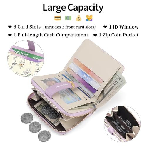 GAEKEAO Small Wallets Woman RFID Blocking Vegan Leather Bifold Floral Ladies Purse Card Holder with Zipper Pocket ID Window - color: Z-Purple