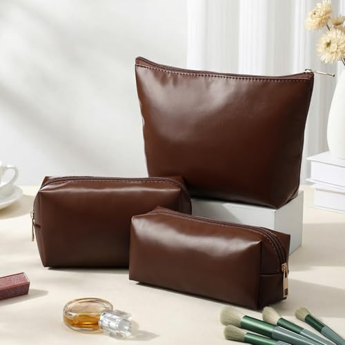 Kigeli 3 Piece Leather Makeup Bag Set Graduation Women Gifts PU Leather Makeup Toiletry Bag Bridesmaid Cosmetic Pouch Small Aesthetic Travel Purse for Wedding Birthday Women Gifts(Coffee) - color: Coffee