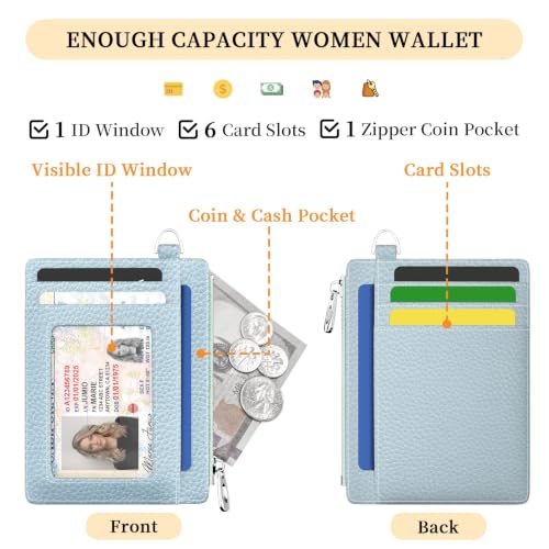 Hancynir Minimalist Slim Wallet Women Credit Card Holder, RFID Small Cute | Zipper Pocket Wallet, Thin Travel Coin Purse, Ladies Women Gifts, Key Chain Card Case, 6 Card Slots, ID Window, PU Leather - color: 01-Lichee Blue