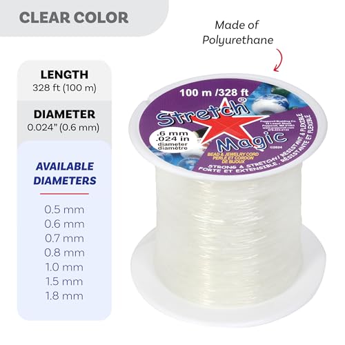 Stretch Magic Elastic Beading Cord – Clear Color, 0.6mm in Diameter, 100-Meter (328 ft) - Easy to Knot, Strong & Stretchy String for Making Beaded Jewelry - size: 0.6 mm, style: Clear - 100 Meter