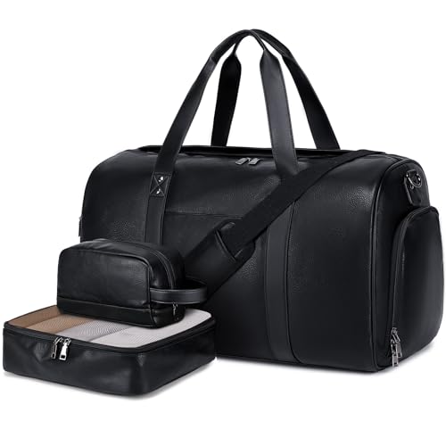 3PCS Faux Leather Weekender Bag for Women Men Travel Bag Overnight Bags | Leather Travel Duffel Bags for Traveling with Shoe Compartment Toiletry Packing Cube Carry On Tote Bag Men Fit 21.5" Laptop - color: Black