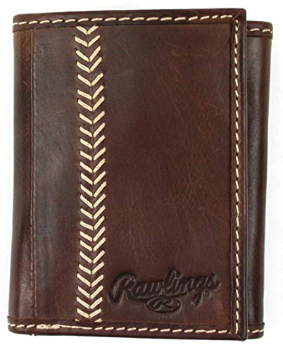 Rawlings | Men's Trifold Wallet Collection | Genuine Leather | Multiple Styles & Colors - color: Dark Brown | Baseball Seam Stitch