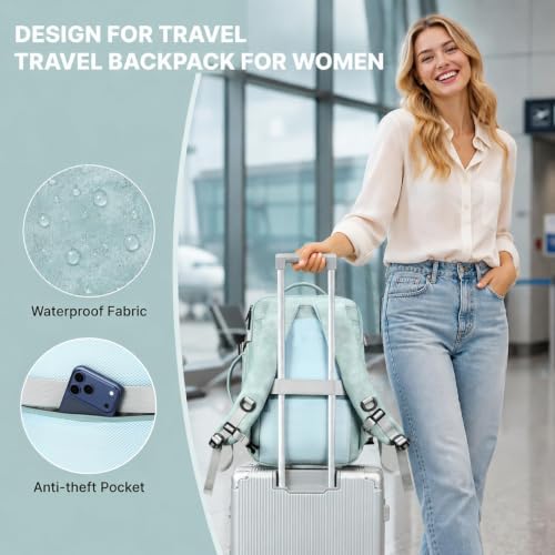 Travel Backpack Women, PU Leather Carry On Backpack Flight Approved, Blue | 40L Expandable, Laptop Compartment, Personal Item Travel Bag, Weekender Business - color: Light Blue