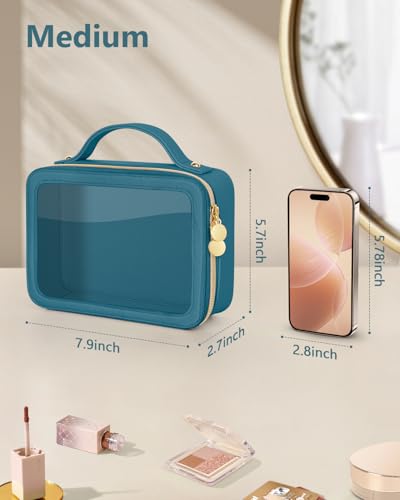 Soimeat Clear Makeup Bag, Portable Travel Cosmetic Bags, Multipurpose Leather Toiletry Bag with Zipper, Waterproof Transparent Cosmetic Organizer for Women, Medium, Blue - color: Blue, size: Medium