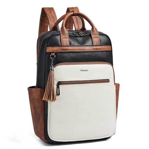 Laptop Backpack for Women 15.6 inch Travel Leather Backpack Purse Work Computer Backpacks for Business College Black With Brown and White - color: Black With Brown and White