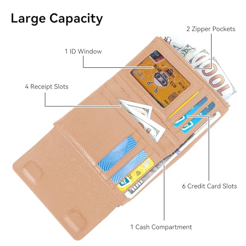 Women's Bifold Wallet, Genuine Leather, Magnetic, ID Window | Holds 10+ Cards, 2 Zip Coin Pockets, Pebbled Cowhide, Snap Closure, Large Capacity, Multiple Colors, Compact 5.5x3.9in - color: B-Light Pink