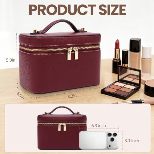 PU Leather Travel Makeup Bag Hard Cosmetic Organizer Vanity Case for Women - color: Burgundy