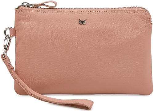 Leather Wristlet Wallet for Women Clutch Handbag Purse with Cell Phone Slot | Genuine Top Grain Leather, 8 Credit Card Slots, Detachable Strap, YKK Zipper, Gifts for Women - color: Baby Pink Nappa