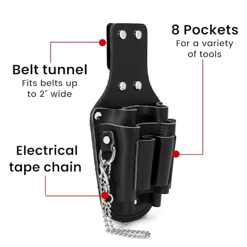 Small Tool Pouch, Genuine Leather Electrician Tool Pouch | 7 Pockets with Metal Tape Chain, Reinforced Rivets, Convenient & Quick Tool Access - color: black-a