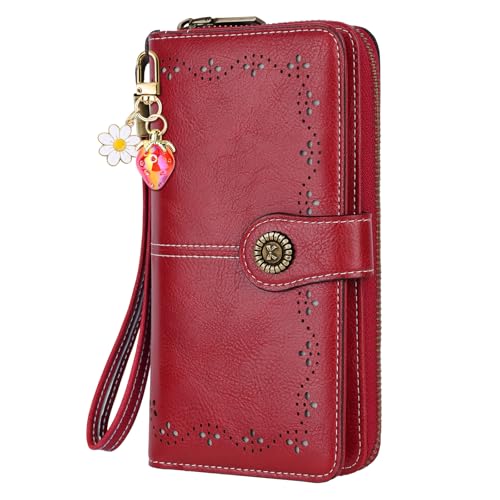 Red Wristlet Wallets for Women with with Strawberry Bag Charm | Credit Card Holder, Large Capacity, 12 Card Slots, Zipper Pocket, Ladies Clutch - color: Red - Strawberry