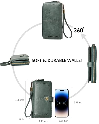 TFKGS Wallet for Women RFID Blocking Leather Large Capacity Card Holder Ladies Phone Clutch Travel Long Purse Wristlet | RFID Blocking - color: 1-Green