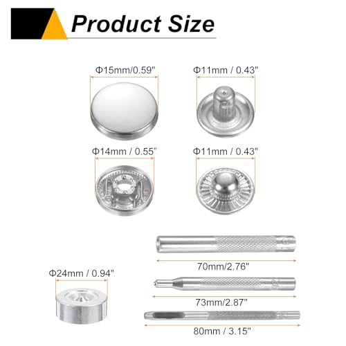 HARFINGTON 24Set Leather Snaps Fasteners Kit 15mm Dia Brass Press-Stud Cap Button 2.76" Length Metal Snap Buttons with 4 Install Tools for Coat Bag Leather Marine Boats Canvas, Silver - color: Silver, size: 15mm