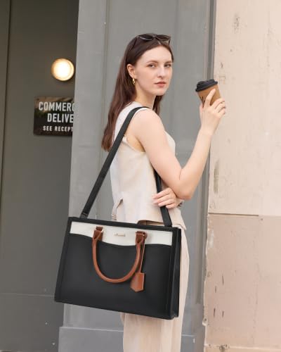 LOVEVOOK Laptop Tote Bag for Women, Large Work Computer Bag with Cup Holder - color: Black/Beige/Brown, size: 17.3 Inch