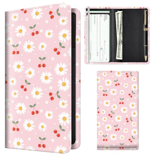 Checkbook Cover for Personal Checkbook, Cute Pu Leather Check Book for Women & Men, Slim Checkbook Holder with Pen Holder and Built-in Clear Plastic Divider, Pink Daisy - color: Pink Daisy