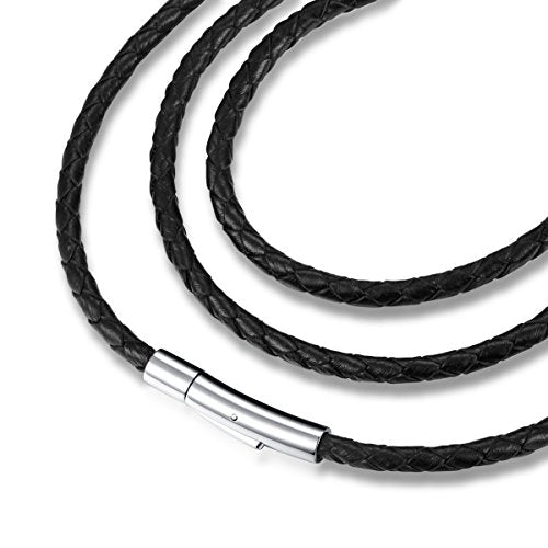 jonline24h Mens Womens Black Braided Leather Cord Rope Necklace Chain Stainless Steel Clasp 4mm 14-30inch