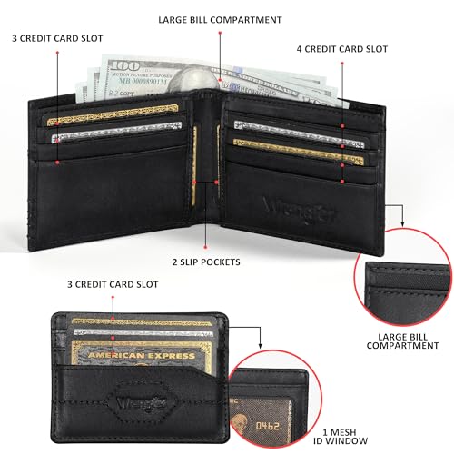 Wrangler Removable Passcase Wallet for Men, Bifold Tumbled Leather Wallet with RFID, Black - color: Black