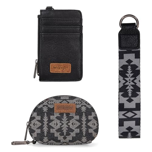 Wrangler Aztec Keychain Wristlet Wallets for Women Western Dual Pouch Wristlet Credit Card Holder Wallet with Zipper Pocket WG2212-W0051BK - color: Retro Black